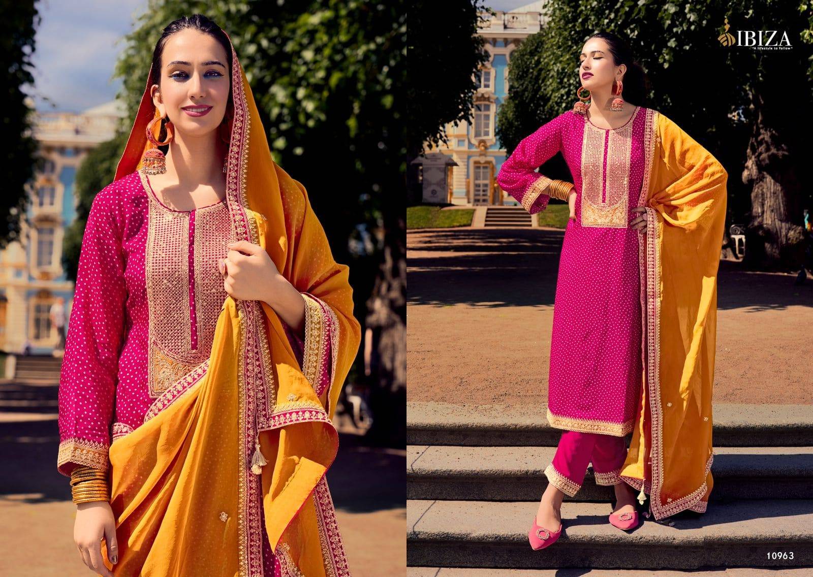 RANG BANDHEJ by Ibiza 10963 To 10968 Series Designer Festive Suits Beautiful Fancy Stylish Colorful Party Wear & Occasional Wear Digital print Dresses At Wholesale Price